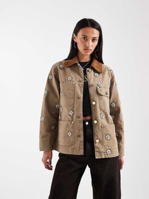 AllSaints bex floral embroidered corduroy collar denim jacket