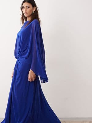ARRANGE drop waist grecian draped cape sleeve maxi dress