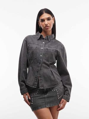 Liquor N Poker cinch waist denim peplum shirt