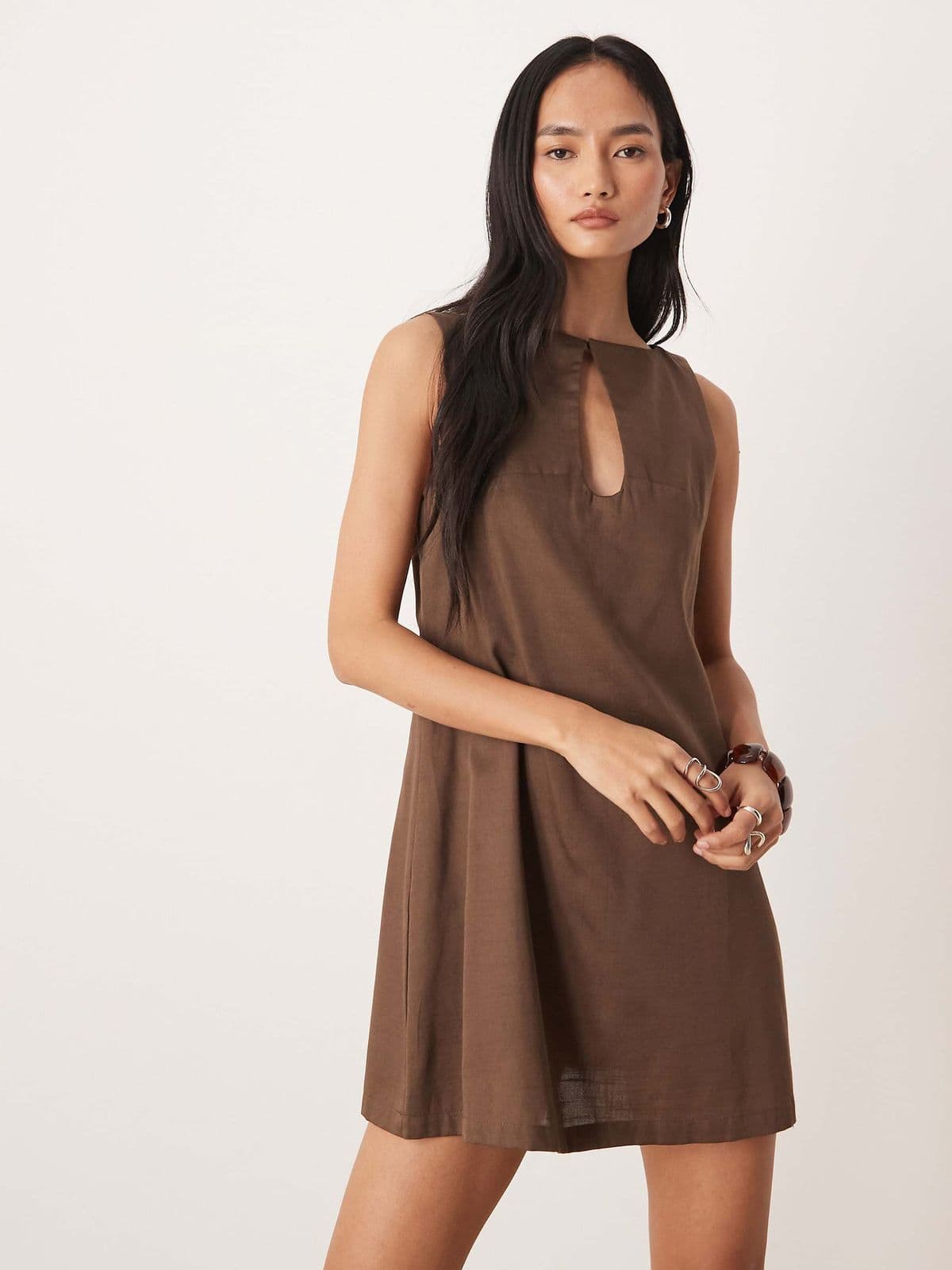 ASOS DESIGN slash neck keyhole mini sundress in ash brown 1