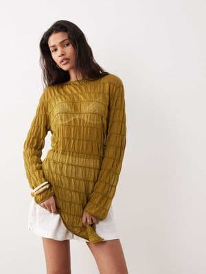 Miss Selfridge shirred asymmetric sheer knit top