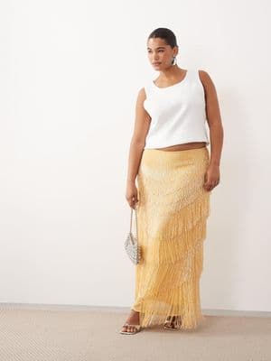 ARRANGE Curve beaded fringe column midi skirt