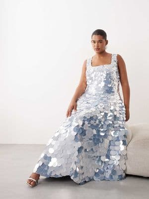 ARRANGE Curve embellished disc sequin square neck full skirt midi dress