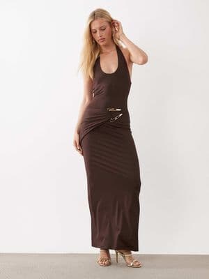 4th & Reckless slinky gold-tone hardware draped waist detail halterneck maxi dress