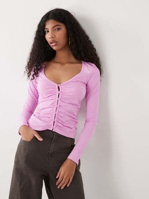 Monki ruched open button front jersey top