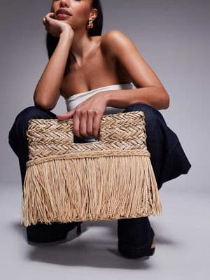 South Beach straw fringed clutch bag