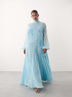 ARRANGE Curve applique floral tie neck blouson sleeve trapeze maxi dress