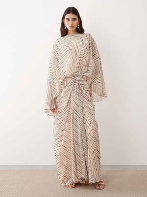 ARRANGE dropped waist grecian draped cape sleeve maxi dress