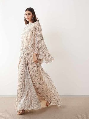 ARRANGE dropped waist grecian draped cape sleeve maxi dress