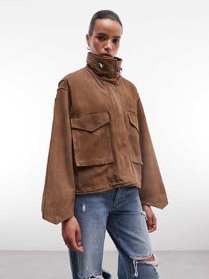 AllSaints Clay funnel neck cropped suede jacket