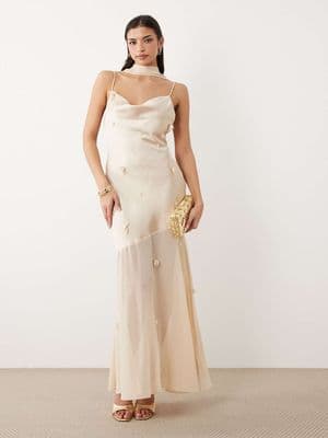 Gina Tricot 3D floral cowl neck sheer maxi dress