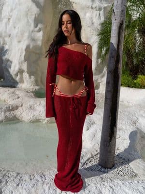 Aria Cove open crochet tie waist maxi beach skirt