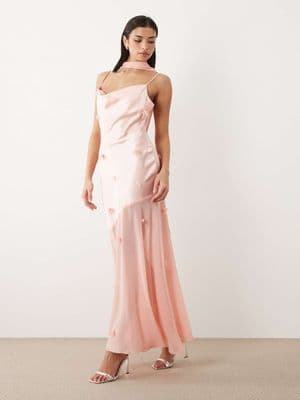 Gina Tricot 3D floral cowl neck sheer maxi dress