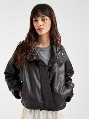 AllSaints Ryder funnel neck relaxed leather jacket