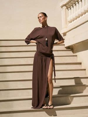 4th & Reckless fine knit drape front thigh split maxi beach skirt
