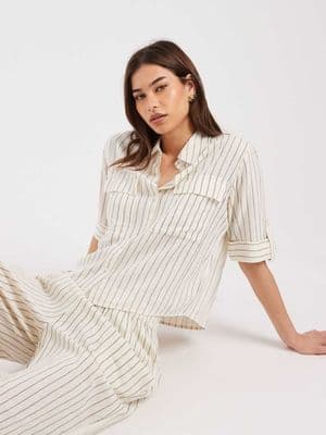 AWARE linen blend sleeve detail safari shirt