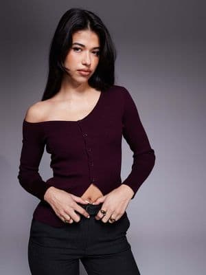 Kaiia exclusive off the shoulder button split front long sleeve knit top
