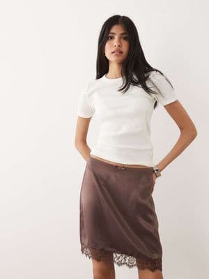 Miss Selfridge satin lace trim mini skirt