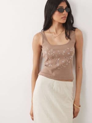 Miss Selfridge embellished rib knit square neck top