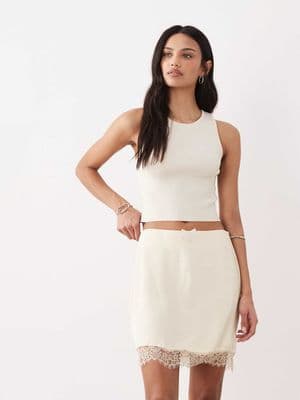 Miss Selfridge satin lace trim mini skirt